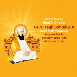 Portrait of Guru Tegh Bahadur Ji with Golden Temple in the background