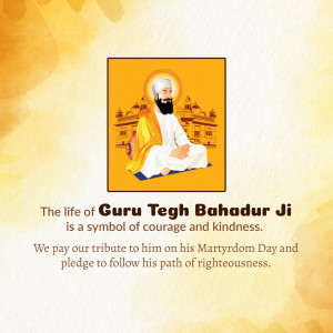 Portrait of Guru Tegh Bahadur with text commemorating his Martyrdom Day