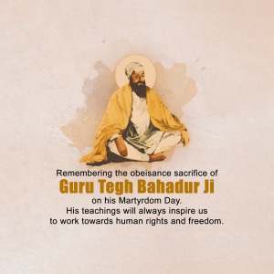 Portrait of Guru Tegh Bahadur Ji with text commemorating his Martyrdom Day