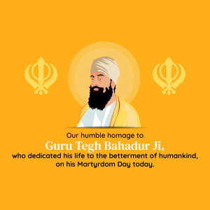 Portrait of Guru Tegh Bahadur with text commemorating his Martyrdom Day