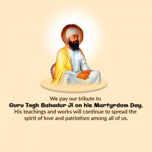 Image of Guru Tegh Bahadur with text commemorating his Martyrdom Day.