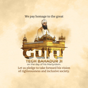 Image depicting Guru Tegh Bahadur Ji with the Golden Temple in the background.