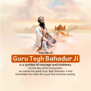 Portrait of Guru Tegh Bahadur Ji with the Golden Temple in the background