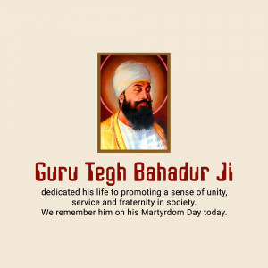 Portrait of Guru Tegh Bahadur Ji with text commemorating his Martyrdom Day