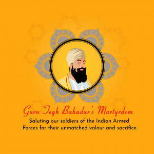 Portrait of Guru Tegh Bahadur with floral background and text commemorating his martyrdom.