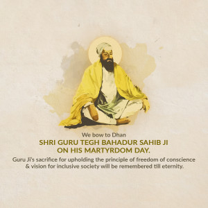 Portrait of Guru Tegh Bahadur with text commemorating his martyrdom day.