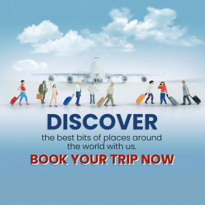 Miniature people with luggage walking towards an airplane with the text 'Discover' and 'Book Your Trip Now'