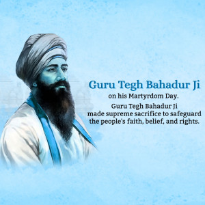 Portrait of Guru Tegh Bahadur Ji with text commemorating his Martyrdom Day