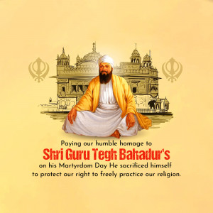 Image depicting Shri Guru Tegh Bahadur with the Golden Temple in the background, commemorating his Martyrdom Day.