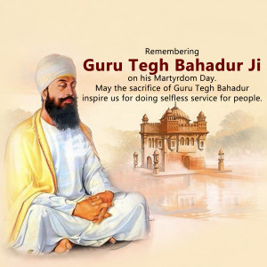 Portrait of Guru Tegh Bahadur with Golden Temple in the background