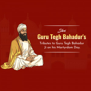 Illustration of Guru Tegh Bahadur Ji with text commemorating his martyrdom.