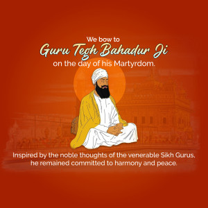 Illustration of Guru Tegh Bahadur Ji with text commemorating his martyrdom.