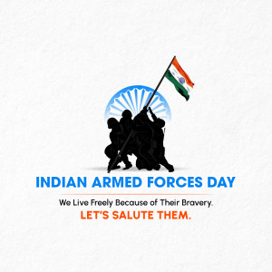 Silhouette of soldiers raising the Indian flag with text 'Indian Armed Forces Day'