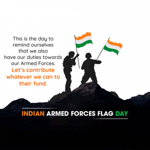 Silhouette of soldiers holding Indian flags with text commemorating Armed Forces Flag Day.