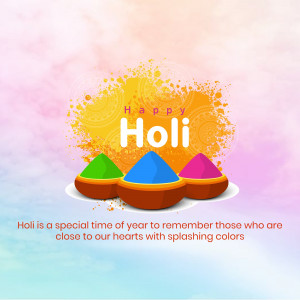 Colorful Happy Holi greeting with powder piles and splashes