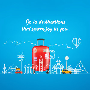 Illustration of a red suitcase with travel landmarks and a motivational quote.