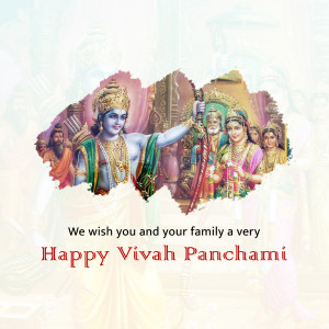 Image depicting Lord Rama and Sita with other deities, wishing a Happy Vivah Panchami