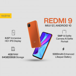 Redmi 9 smartphone with key features displayed