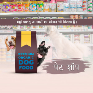 Display of dog food and pet supplies in a pet shop with dogs featured.