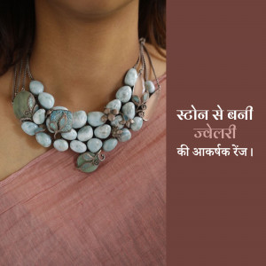 Close-up of a woman wearing a unique handmade stone necklace.