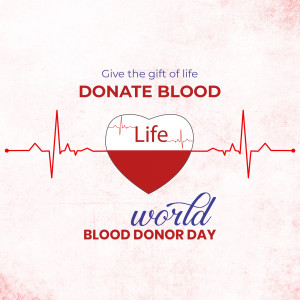 Image promoting blood donation with a heart-shaped pulse line and the text 'Donate Blood' and 'World Blood Donor Day'.