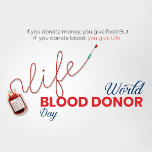 Image promoting blood donation with a blood bag and the word 'life' formed by a red line resembling a vein.