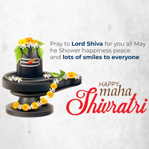 Image of a Shivling decorated with flowers and text wishing Happy Maha Shivaratri