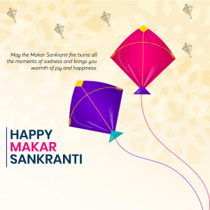 Colorful kites flying in the sky with Makar Sankranti greetings