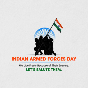 Silhouette of soldiers raising the Indian flag with text 'Indian Armed Forces Day'
