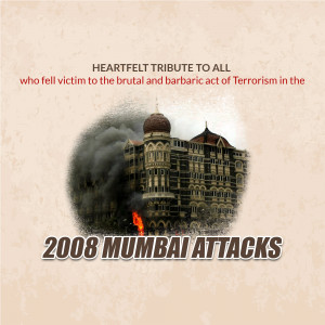 Image commemorating the 2008 Mumbai attacks with a depiction of the Taj Mahal Palace Hotel and smoke.