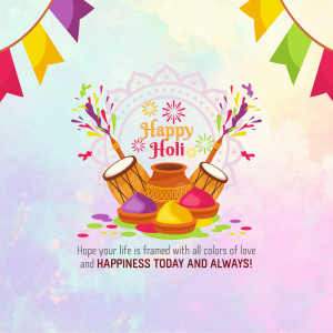 Colorful Happy Holi illustration with drums, pot, and color powders
