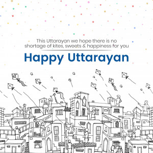 Illustration of kites flying over a cityscape with the text 'Happy Uttarayan'