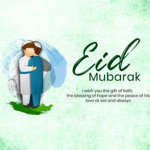 Eid Mubarak image with two people embracing and festive text