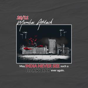 Commemorative image of the 26/11 Mumbai Attacks with a cityscape and text.