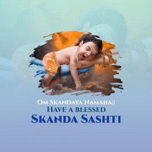 Image of baby Kartikeya sleeping on a cloud with Skanda Sashti greetings