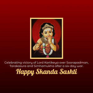 Image of Lord Kartikeya celebrating victory over Soorapadman, Tarakasura and Simhamukha