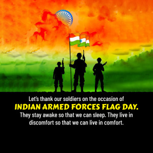 Indian Armed Forces Flag Day tribute with soldiers silhouetted against the Indian flag colors.