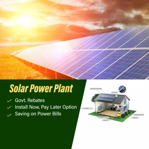 Image of a solar power plant with information about government rebates and savings.