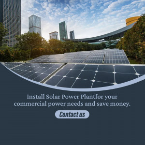 Solar panels on a building rooftop with a city skyline in the background and text promoting commercial solar power.
