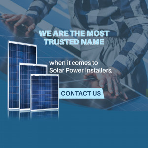 Image of solar panels with text promoting a solar power installation company.