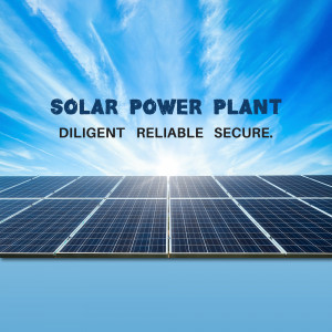Aerial view of a solar power plant with text overlay