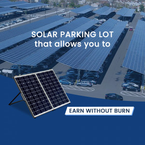 Aerial view of a solar panel covered parking lot with a close-up of a portable solar panel.