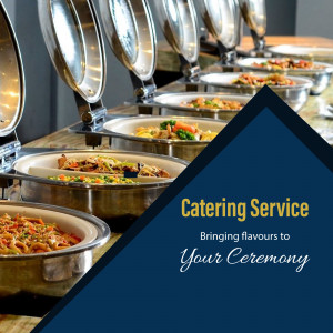 A buffet spread with various dishes in stainless steel chafing dishes, promoting a catering service.