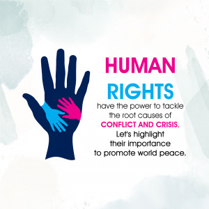 Illustration of a large hand protecting a smaller hand, symbolizing human rights and conflict resolution.