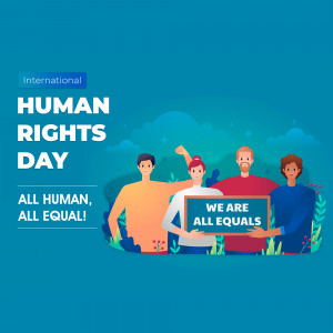 Illustration depicting diverse people holding a sign that says 'We are all equals' for International Human Rights Day.