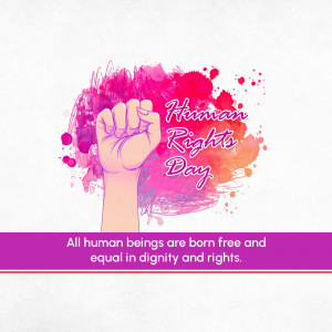 Illustration of a raised fist with watercolor splashes and the text 'Human Rights Day'