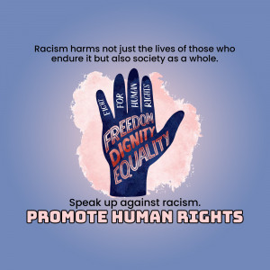 An illustration of a hand with words promoting human rights and equality against a blue and pink background.