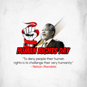 Image commemorating Human Rights Day with a portrait of Nelson Mandela and a raised fist.