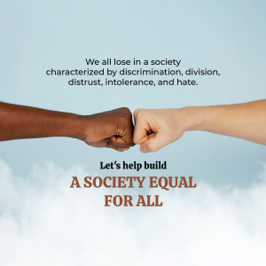 Two hands, one dark-skinned and one light-skinned, about to bump fists against a cloudy background with text promoting equality.