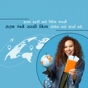 A young woman holding travel documents and a globe, with a world map in the background.